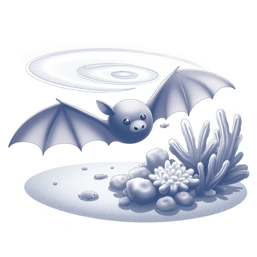 A bat with outstretched wings is diving into the water, creating ripples around it. The bat's body is partially submerged, while it curiously examines a vibrant coral reef below. The coral reef is bustling with various shapes and textures, showcasing intricate formations of coral. There are small fish darting between the corals, and the water is clear, allowing visibility of the underwater landscape. Sunlight filters down from the surface, casting patterns of light and shadow on the sandy ocean floor.