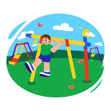 A young child with short brown hair is attempting pull-ups on a bright and colorful playground monkey bar. The monkey bar features a cheerful mix of red, yellow, and blue colors, with a shiny metallic frame. The child is wearing a green t-shirt and blue shorts, showing determination as they grip the bars tightly. In the background, there are vibrant swings and slides, surrounded by lush green grass under a clear blue sky. A few butterflies flutter nearby, adding to the playful atmosphere.
