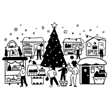 A bustling Christmas market with stalls selling festive treats and decorations