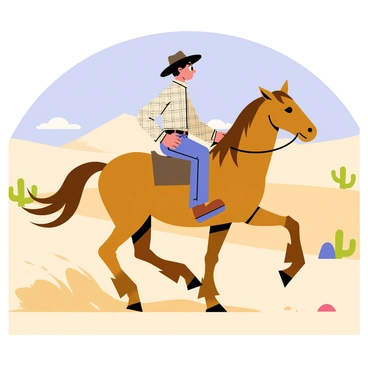 A cowboy riding a horse through a dusty desert landscape
