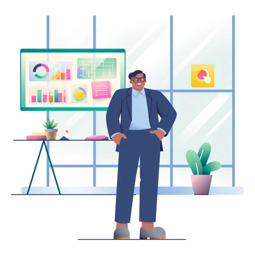 An entrepreneur with short black hair and glasses is standing confidently in a sleek modern office. He is wearing a tailored navy blue suit and a light blue shirt. In front of him is a large screen displaying various colorful graphs and charts related to his innovative idea. A glass table with a few notebooks and a tablet is situated beside him. The office features large floor-to-ceiling windows that allow natural light to flood the space, and there are potted plants placed strategically around the room. The walls are adorned with contemporary artwork that adds a touch of color to the environment.