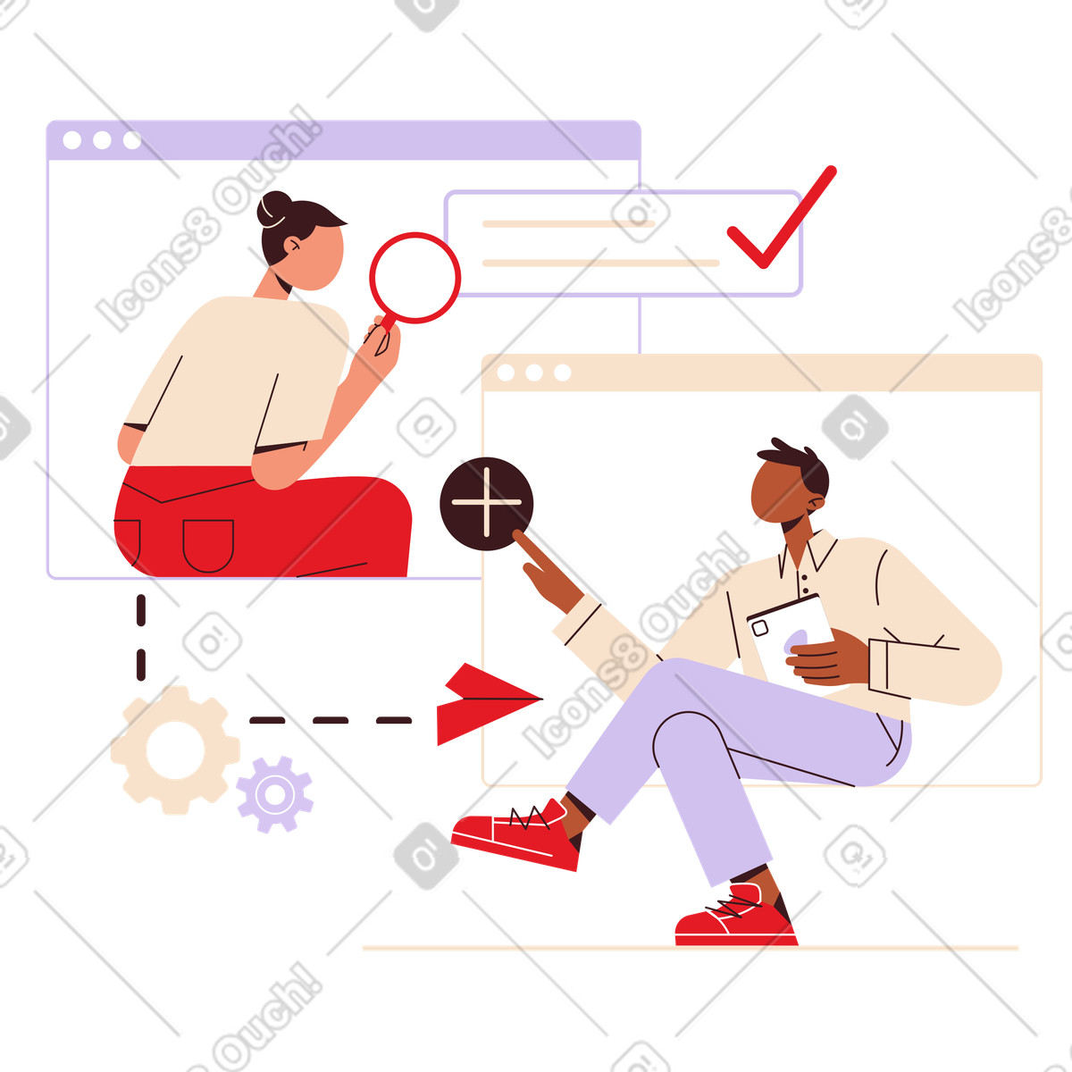 Browser windows with team working together illustration in Folks style download in PNG, SVG