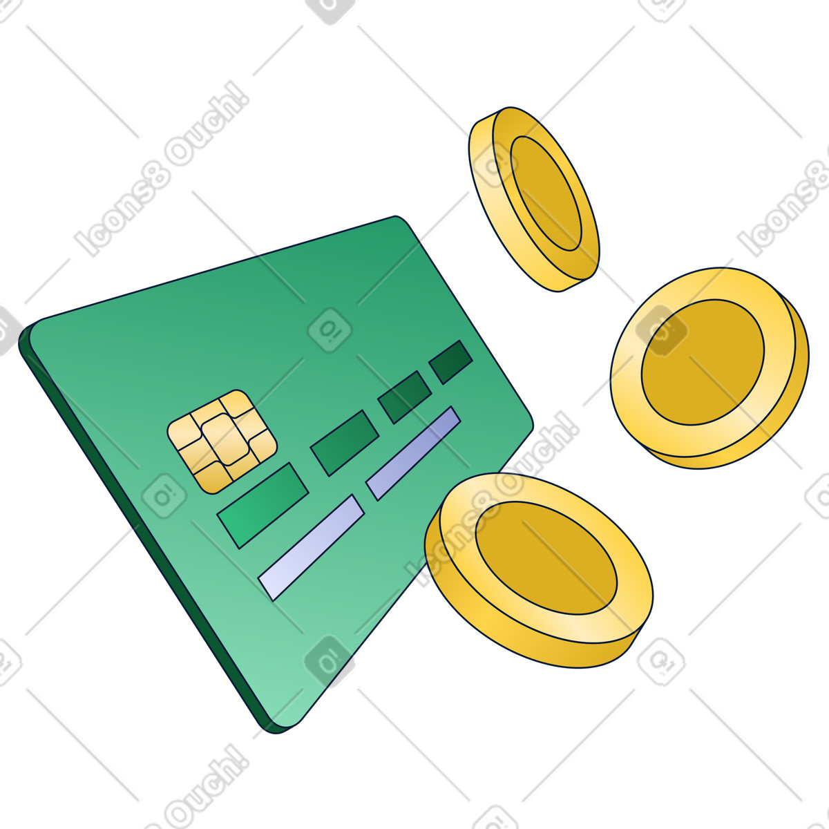 Bank card and coins illustration in PNG, SVG