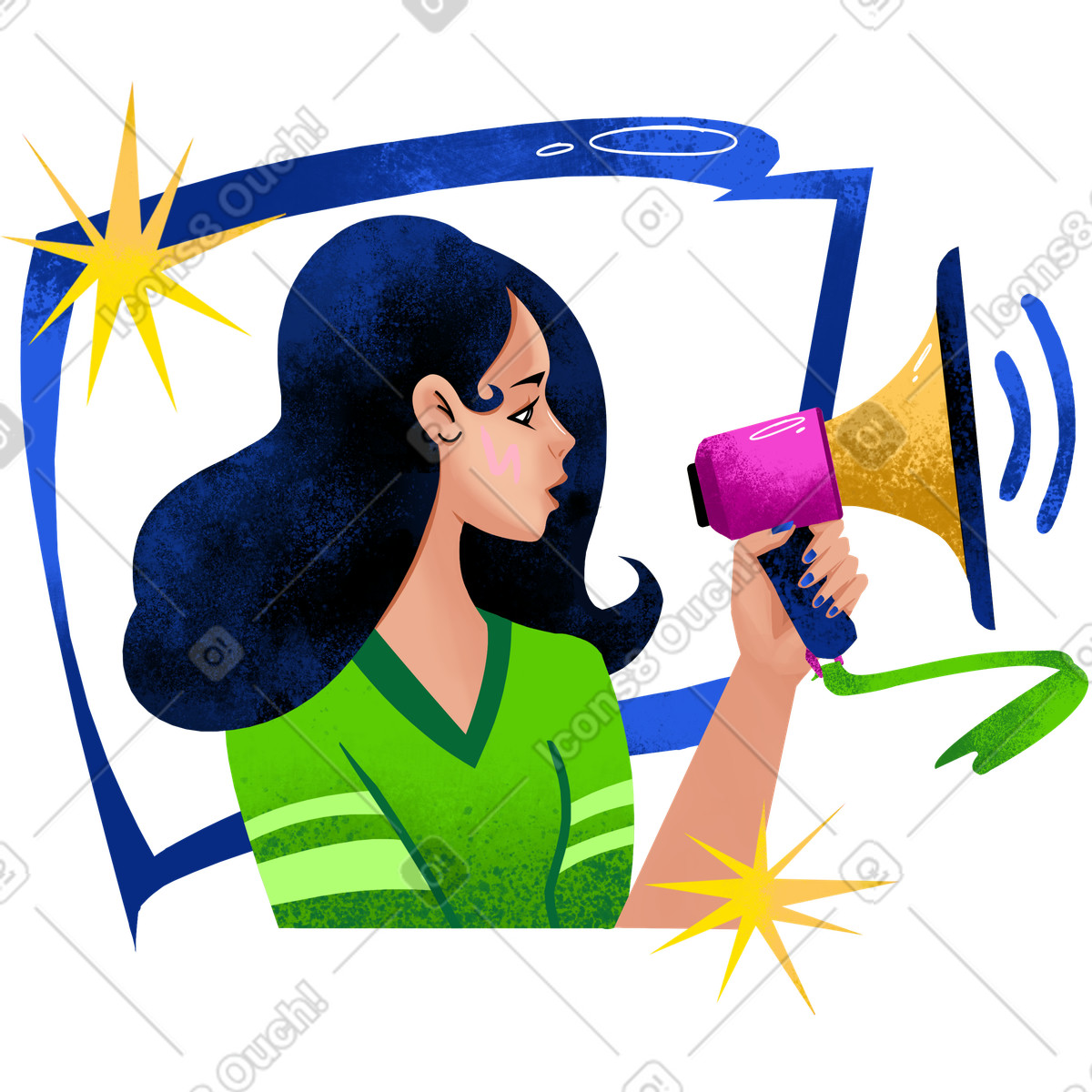 Woman speaking over loudspeaker-Illustration im Flare-Stil als Download in PNG, SVG