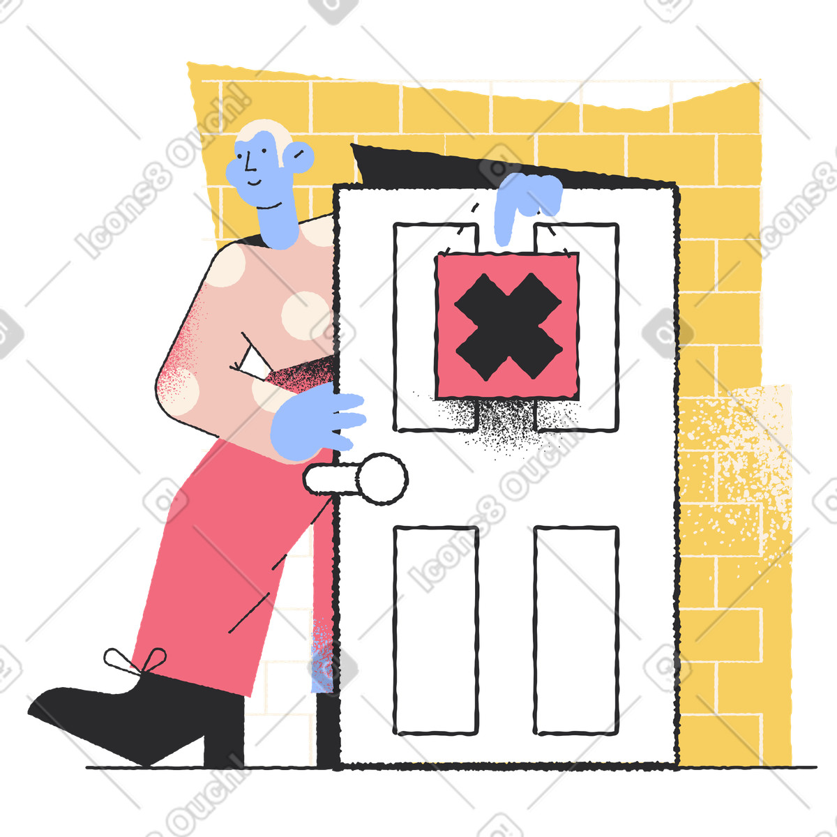 Ilustración Hombre saliendo por la puerta con señal restringida en estilo Pablo a descargar en PNG y SVG