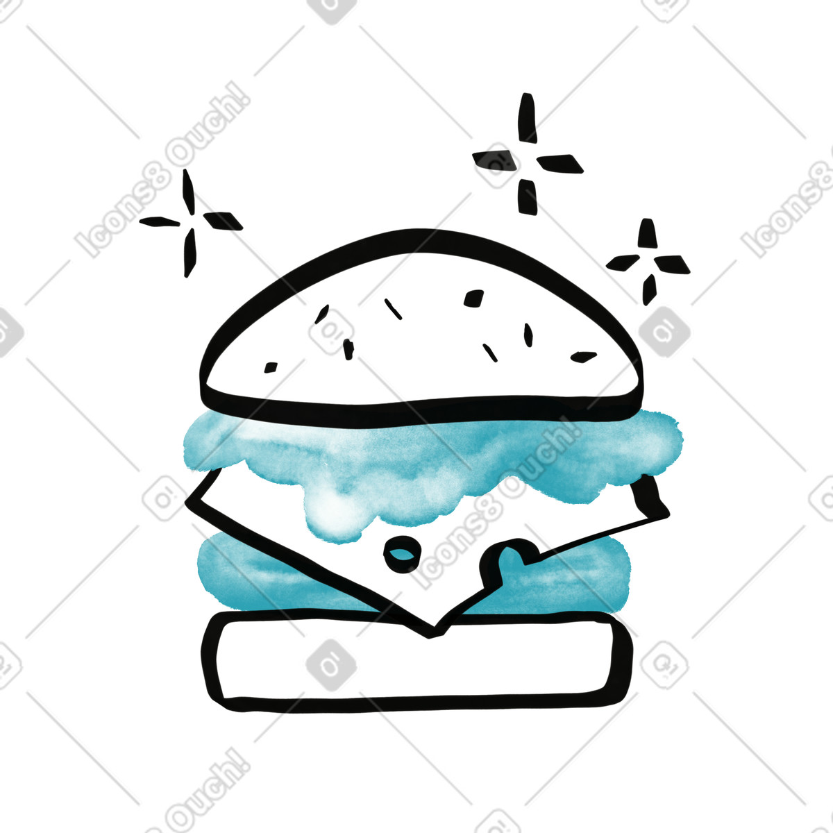 Ilustração de Fast food hamburger with stylized blue patty and cheese slice em no estilo Watercolor sketch para baixar em PNG, SVG