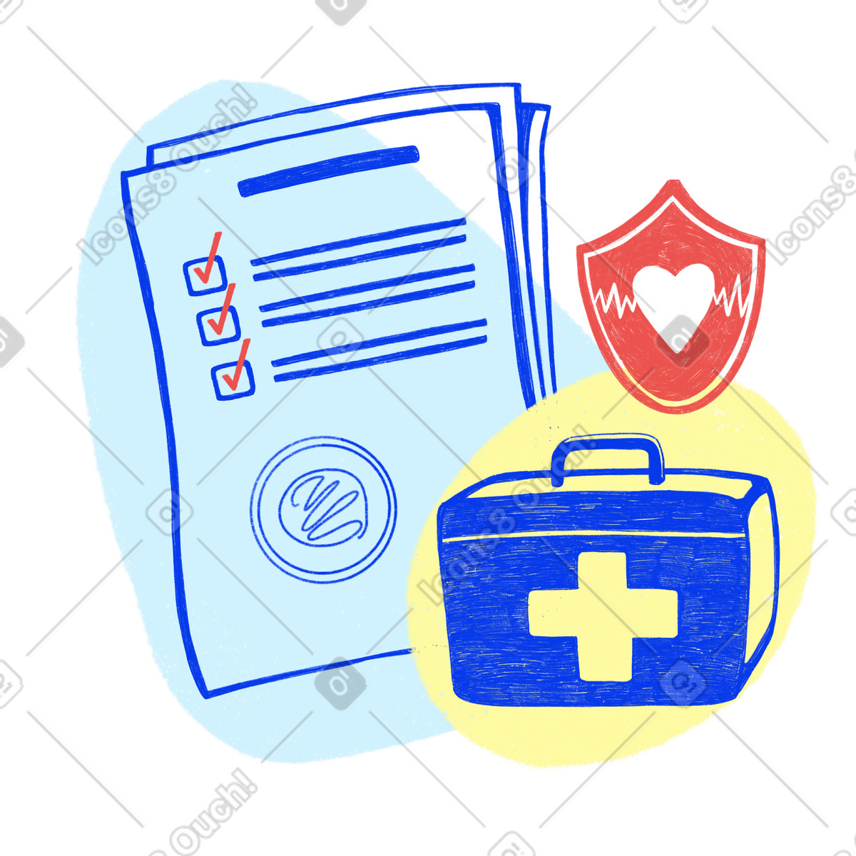 Health insurance papers and first aid kit illustration in Biro style download in PNG, SVG
