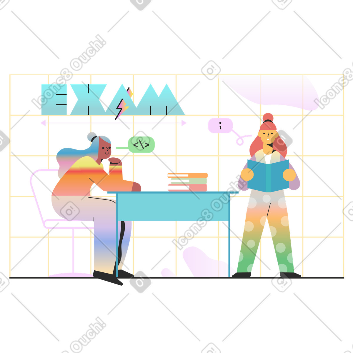 Exam text and girl answering teacher's question illustration in Marginalia style download in PNG, SVG