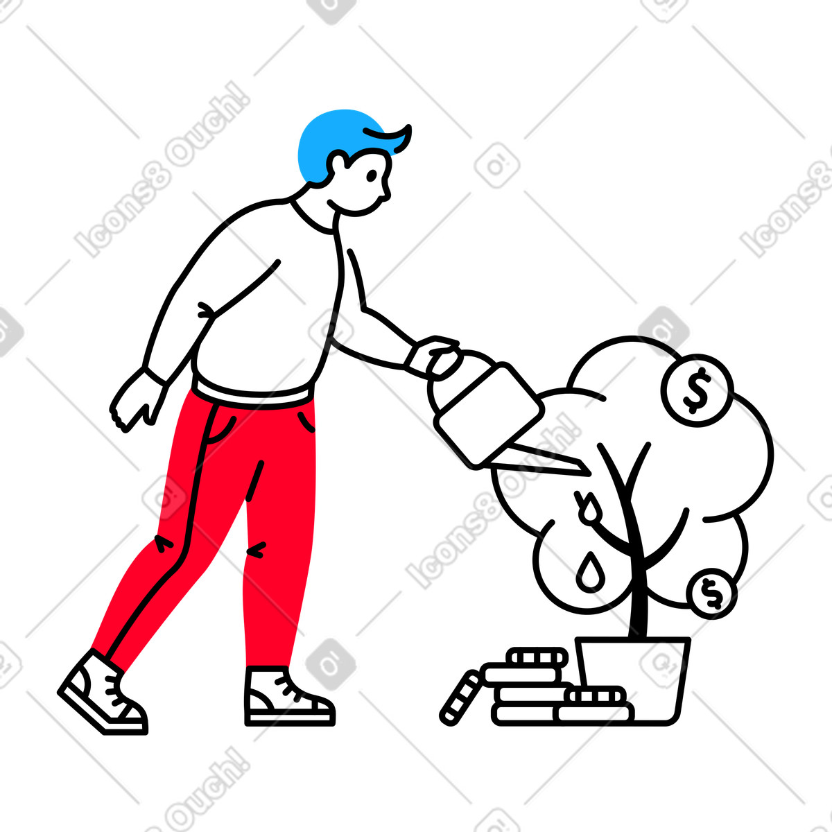 下载 Transistor 风格的 Investor watering potted money plant, Personal finance improvement 插画，支持 PNG、SVG 格式