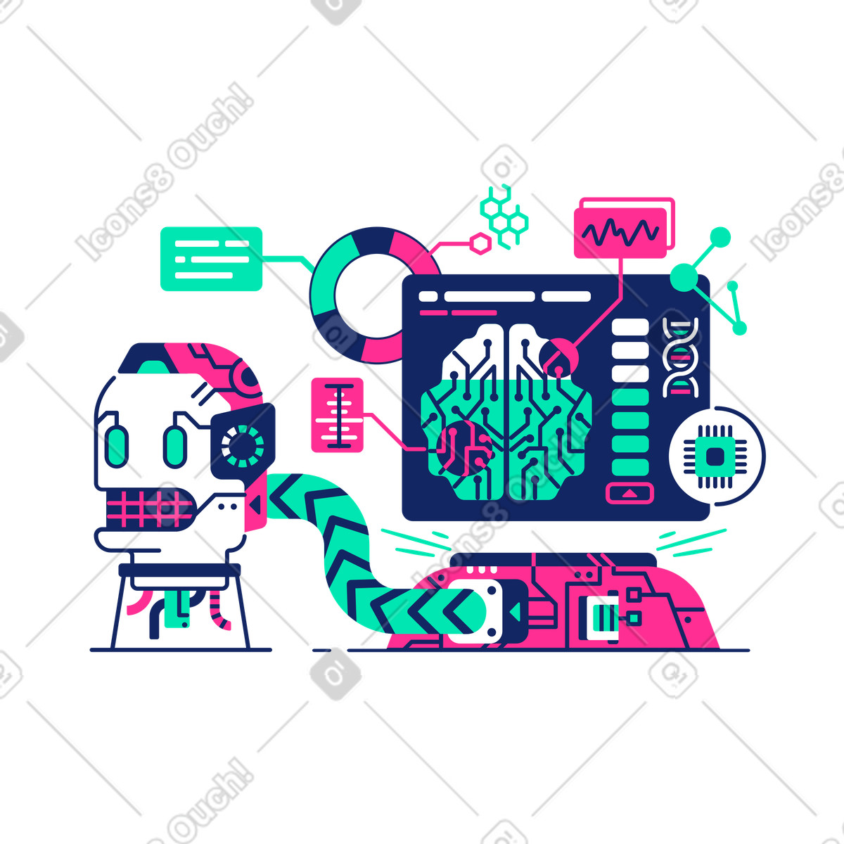 Robot processing or downloading data illustration in PNG, SVG