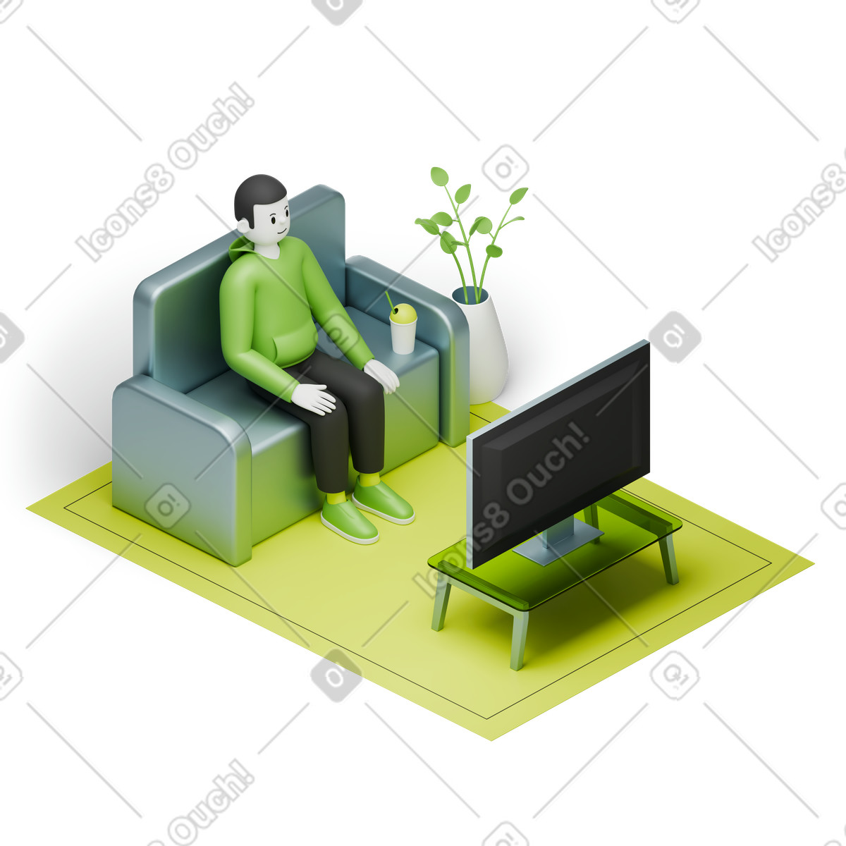 Man watching TV on a couch at home animated illustration in 3D Isometric style download in GIF, Lottie (JSON), AE