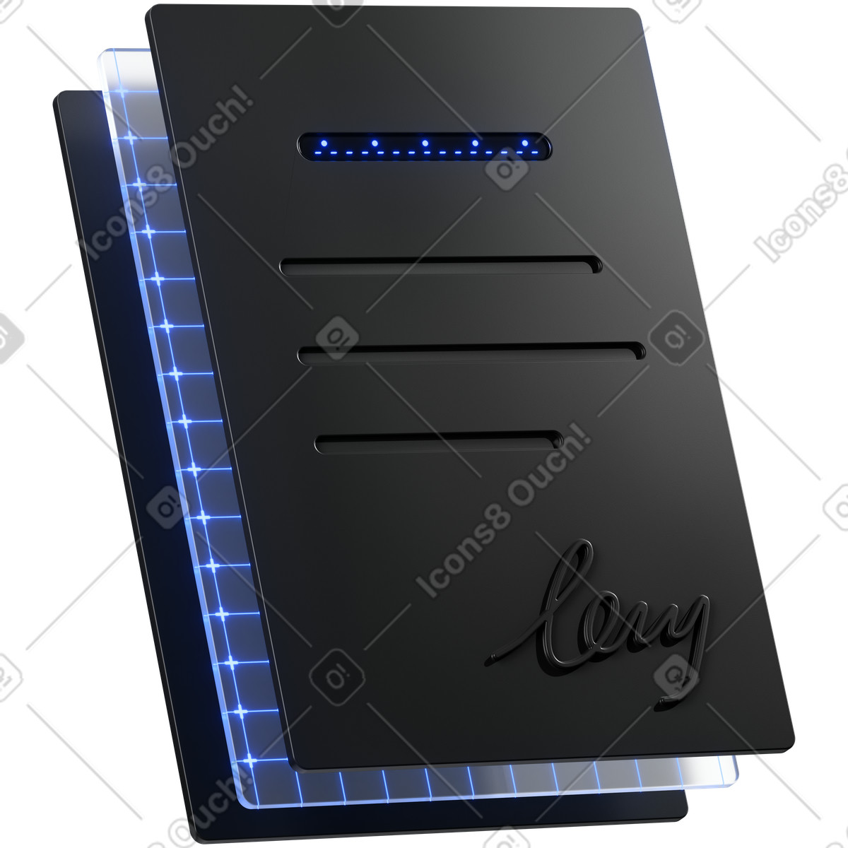 3D Metallic スタイルの Folder icon with glowing grid layers for digital file storage のイラストをPNG、SVG形式でダウンロード