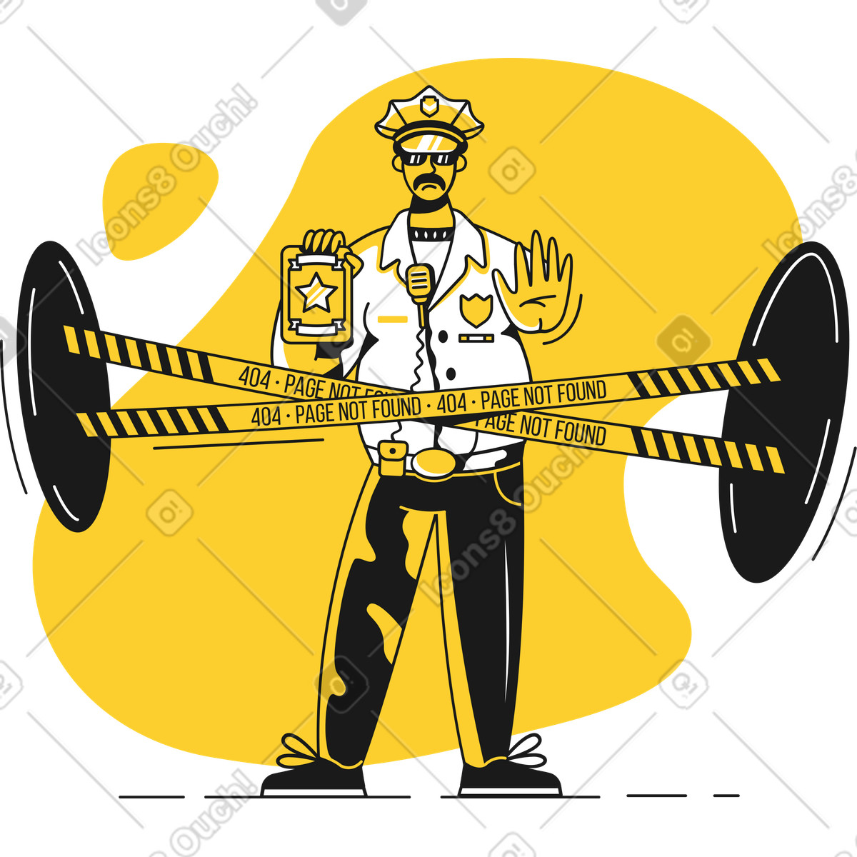 Police officer holding badge by barricade tape, 404 page not found concept illustrazione in stile Taxi scarica in PNG, SVG