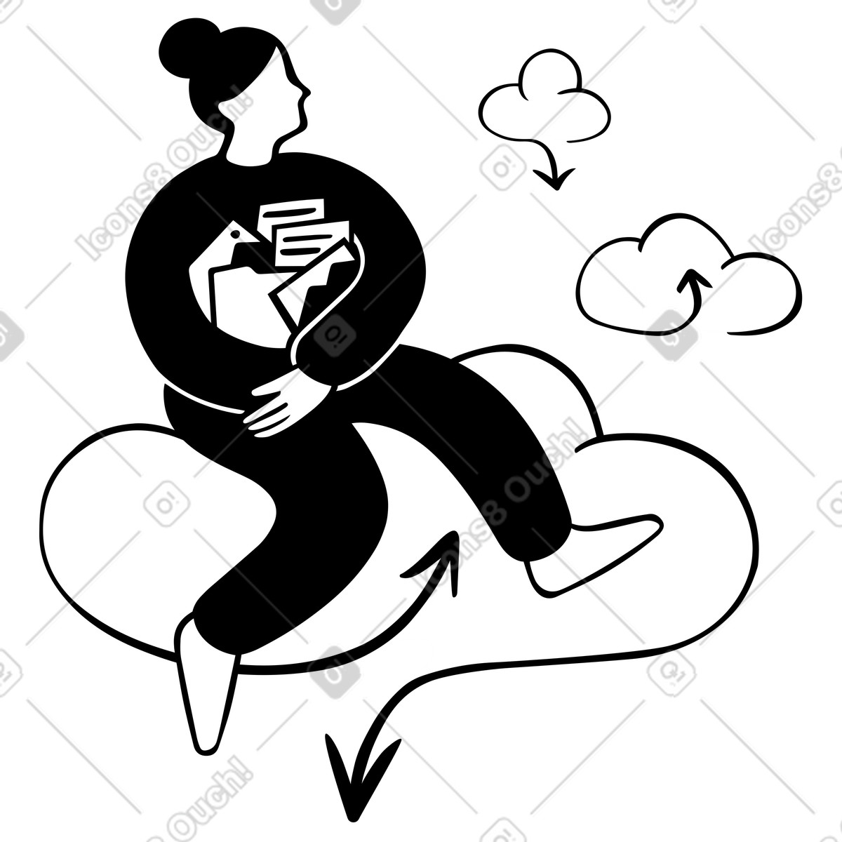 Illustration Femme avec des fichiers téléchargés sur un cloud dans le style Journal à télécharger aux formats PNG, SVG
