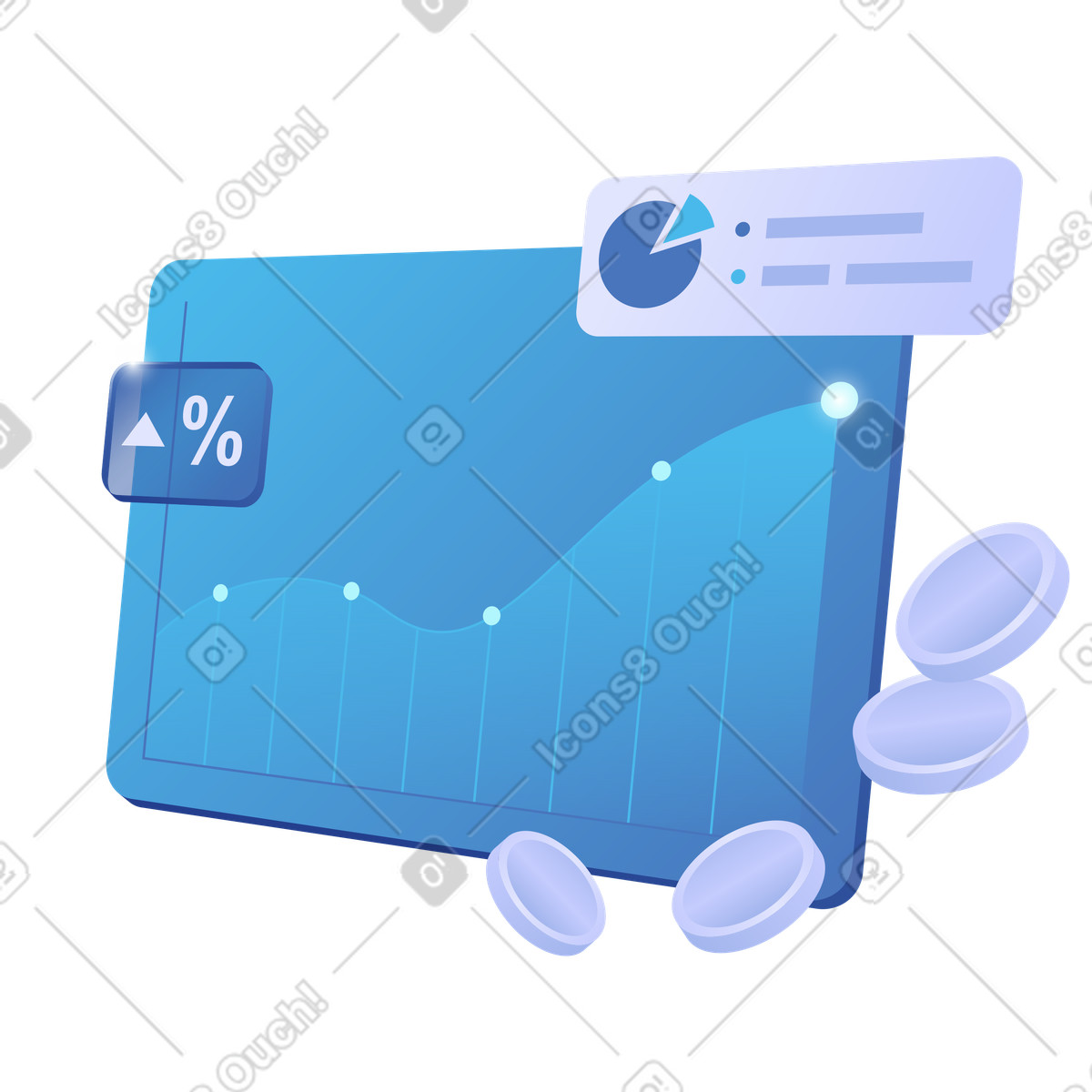 Ilustración Gráfico de tendencia alcista con monedas, rendimiento empresarial y rentabilidad las inversiones. en estilo Quantum a descargar en PNG SVG