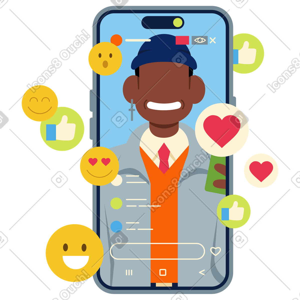 Man streaming from his phone and getting reactions illustration in Catchy style download in PNG, SVG
