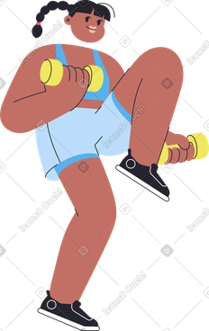 Sporty girl with dumbbells smiling and lifting leg PNG, SVG