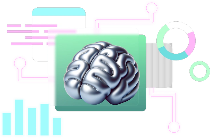 A brain surrounded by abstract digital elements - Chromed style illustration