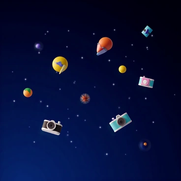 A starry night sky with a deep blue background and scattered twinkling stars. Various floating graphic design elements are present, including colorful icons such as a pencil, paintbrush, and camera. These icons are designed with bright colors and a glossy finish, creating a vibrant contrast against the dark sky. Some icons are larger, while others are smaller, adding depth and variety to the scene. The overall composition creates a whimsical yet organized appearance, evoking a sense of creativity and inspiration in the night sky.
