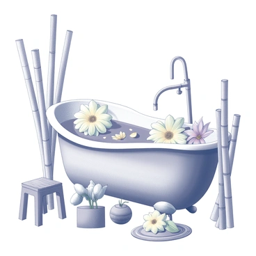 A bathtub filled with exotic flowers and surrounded by bamboo decor