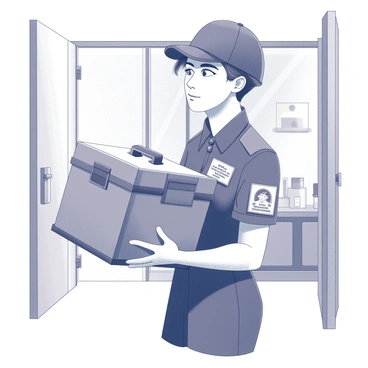 A courier is carrying a secure container designed for transporting blood samples. The container has a robust, lockable design, visible safety labels, and is being held firmly in one hand. The courier is wearing a professional uniform with an emblem, and a badge is clipped to their shirt. The setting includes a clear view of a lab environment in the background, with glass walls and scientific equipment visible. The courier's expression conveys a sense of responsibility as they approach the lab entrance.
