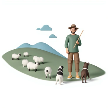 A shepherd, wearing a brown hat, a green shirt, and rugged brown pants, is standing confidently on a grassy hill. He is accompanied by two dogs, one black and white with a bushy tail, and the other brown with a sleek coat, both alert and attentive. The flock of fluffy white sheep is scattered across the green hillside, some grazing while others are huddled close together. The sun casts soft shadows, highlighting the gentle curves of the landscape, and the sky is a clear blue with a few white clouds. The shepherd is holding a long wooden staff, guiding the dogs as they lead the sheep safely along the path.