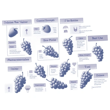 An educational chart featuring various grape varieties. Each grape type is illustrated with a detailed depiction showing the shape and size of the grapes. Accompanying each grape variety is a label featuring "Name", "Color", "Flavor Profile", and "Best Use". The chart is organized with clear sections for different categories of grapes, such as table grapes, wine grapes, and raisin grapes. Visual icons represent each characteristic for easy comprehension. The overall layout is structured and informative, providing a comprehensive overview of the grape varieties.