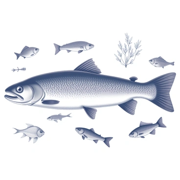 A detailed scientific illustration of a trout displayed in a side view. The trout is labeled with various anatomical features such as the dorsal fin, pectoral fin, pelvic fin, anal fin, and caudal fin. The scales are shown in intricate detail, emphasizing their texture and arrangement. Additionally, illustrations of the trout's diet are included, featuring small fish, insects, and aquatic plants surrounding the trout. Each dietary element is carefully depicted with labels indicating their names. The background is simple to maintain focus on the trout and its anatomical and dietary components.