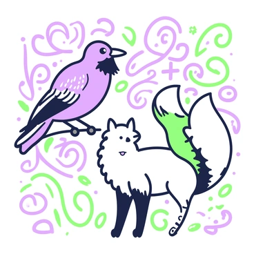 A chalkboard-style illustration features a "crow" perched on a branch, its glossy feathers detailed with swirling textures. The crow is looking down towards a "fox" standing on the ground below, its coat rendered with smooth lines. The fox has an attentive expression, with its bushy tail curled around its legs. Surrounding these two characters are swirling lines that create a sense of movement, and intricate patterns fill the background, enhancing the interaction between the crow and the fox. The overall composition captures the essence of this classic fable.