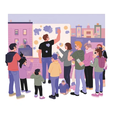 A street artist is in the process of painting a large mural on an urban wall in the UK. The artist has short brown hair and is wearing a paint-splattered black t-shirt and jeans. They are using a spray can, applying vibrant blue and orange colors to the mural, which features abstract shapes and patterns. Surrounding the artist is a diverse crowd of onlookers, including children, adults, and teenagers. Some are taking pictures with their smartphones, while others are pointing at the mural in excitement. The background includes brick buildings and a clear blue sky, creating an energetic urban atmosphere.