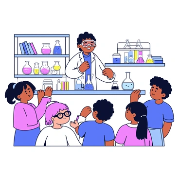 A scientist standing behind a laboratory table filled with various glassware and colorful liquids. The scientist is wearing a white lab coat and safety goggles, smiling as they perform the demonstration. In front of the table, a diverse group of students with eager expressions are watching intently. Some students are taking notes, while others are leaning forward to get a closer look at the bubbling reaction happening in a flask on the table. The background features shelves with scientific books and equipment, adding to the lab environment.