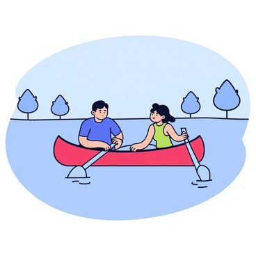 A small rowboat gliding smoothly across a calm lake. The rowboat is painted a vibrant red. Inside the boat, there are two people, a man and a woman, both focused on rowing. They are dressed in casual clothing, with the man wearing a blue shirt and the woman in a green tank top. Their oars are moving in perfect unison, creating gentle ripples on the water's surface. The calm lake reflects the clear blue sky above and the surrounding trees lining the shore.