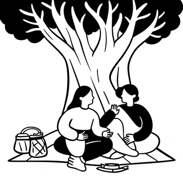 A Bengali girl wearing traditional attire sitting on a blanket under a large banyan tree, surrounded by intricate roots and foliage. She is sharing a laugh with her best friend, who is also in traditional clothing. The two friends are seated close together, with their hands gesturing animatedly as they converse. Nearby, there are small picnic items like a woven basket and a few books laying on the blanket. Sunlight filters through the leaves of the banyan tree, casting dappled shadows on the ground.