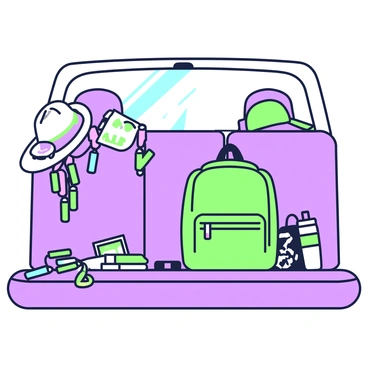 The backseat of a car filled with festival gear like hats and glow sticks