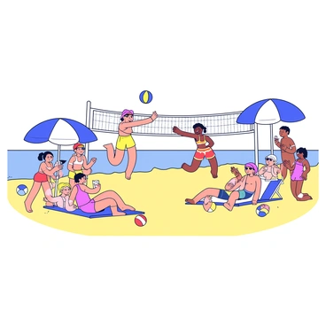 A lively beach scene featuring several groups of people enjoying a fun-filled party. In the foreground, two individuals are playing volleyball, jumping to hit the ball over a net. They are wearing colorful swimsuits, and there are spectators cheering them on. Nearby, a group of friends is lounging on beach towels, sunbathing under large, striped umbrellas. Some have sunglasses on and are sipping drinks from colorful cups. In the background, gentle waves are lapping at the shore, and there are a few beach balls scattered in the sand.