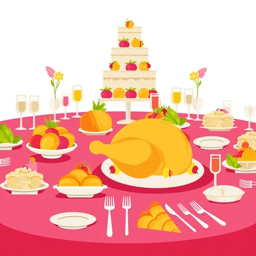 A lavish banquet table set with a deep red tablecloth. The table is overflowing with a variety of richly colored dishes, including a large golden roasted turkey, vibrant roasted vegetables in shades of orange and green, and a bowl of glossy red apples. There are elegant glass goblets filled with sparkling beverages and ornate silver cutlery placed beside each plate. In the center, a multi-tiered cake decorated with cream and fruits stands tall, surrounded by small bowls of colorful desserts. The atmosphere is lively with decorative floral arrangements positioned at intervals along the table.