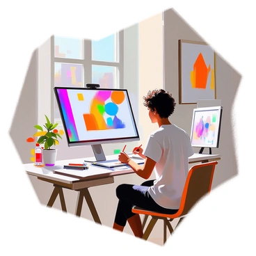 An artist with medium skin tone and short curly hair is seated at a sleek modern desk, focused on creating a digital illustration on a tablet. The studio is well-lit with large windows allowing natural light to stream in. Various art supplies such as colored pencils and sketchbooks are neatly arranged on the desk. A large monitor displays the ongoing digital artwork, showcasing vibrant colors and intricate details. The walls are adorned with framed illustrations and inspiring artwork. The atmosphere conveys a sense of creativity and productivity.