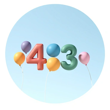 Four vibrant balloons, each a different color—red, blue, yellow, and green—are floating in a clear blue sky. They are arranged in a way that visually represents the fraction "4/3". Next to them, there are three additional balloons, colored orange, purple, and pink. The balloons are gently swaying in the breeze, with bright sunlight illuminating their surfaces, creating a cheerful scene.