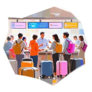 A help desk at a busy airport with staff assisting travelers in multiple languages