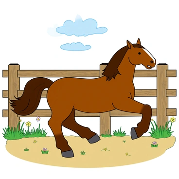 A majestic horse with a shiny chestnut coat is prancing gracefully inside a wooden corral. Its long mane and tail flow elegantly as it moves, catching the sunlight. The horse's hooves lift off the ground with each step, creating a lively scene. Surrounding the corral, there are green grass patches peeking through the wooden slats, and a few colorful wildflowers dot the landscape. The sky above is clear with a few fluffy clouds drifting by. The corral's fence is sturdy, crafted from weathered wood, enhancing the rustic charm of the setting.