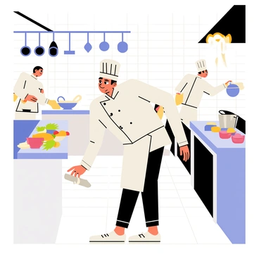 A chef catching a falling knife just before it hits the floor in a busy kitchen.