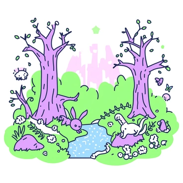 A magical forest is filled with tall, twisted trees with thick trunks and sprawling branches. The ground is covered with a variety of vibrant plants, ferns, and mushrooms. Among these plants, whimsical creatures are scattered throughout the scene. A small creature resembling a fluffy rabbit with oversized ears hops near a sparkling stream. Nearby, a tiny dragon rests on a rock, its wings folded against its back. A group of colorful butterflies flutters around a patch of flowers, adding movement to the serene environment. In the background, a gentle mist hangs in the air, partially obscuring the towering trees and creating an enchanting atmosphere.