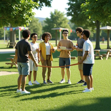 A group of five diverse startup team members of different ethnicities participating in an outdoor team-building exercise. They are gathered in a sunny park, surrounded by green grass and trees. The members are wearing casual, comfortable clothing, such as t-shirts and shorts, suitable for outdoor activities. One member, a woman with curly hair, is holding a clipboard and smiling as she offers encouragement. Another member, a man with glasses, is demonstrating a teamwork task with a rope. The atmosphere is lively, with everyone engaged and smiling as they collaborate. In the background, there are picnic tables and colorful banners, adding to the festive environment.
