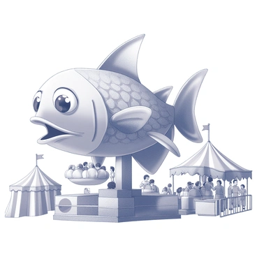 A carnival ride shaped like a giant fish. The fish has large, exaggerated features including big eyes and a wide smile. The body of the fish is intricately designed with scales that have a textured appearance. There are seats shaped like bubbles around the sides, where children are safely secured. The ride is elevated above the ground on a sturdy base, giving a sense of height and excitement. Surrounding the ride are colorful tents and decorations, creating a festive atmosphere with people enjoying the carnival.