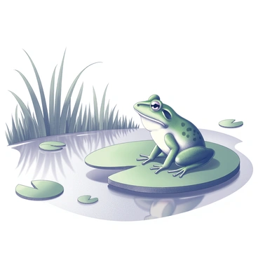 A frog sitting comfortably on a lily pad floating on a calm pond. The lily pad has broad green leaves, and the water's surface reflects the surrounding natural features. In the background, tall grasses grow along the edge of the pond, providing a lush habitat. A few more lily pads are scattered nearby, enhancing the serene composition. The frog is looking around, its vibrant body poised in a relaxed position, with delicate ripples emanating from the lily pad into the water.