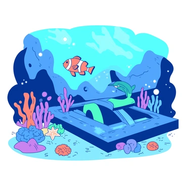 A blue underwater-themed ride features colorful coral reefs teeming with life. Various vibrant sea creatures, including a large orange clownfish and a sleek teal dolphin, swim gracefully around the ride. Brightly colored starfish and sea urchins decorate the sandy ocean floor, while shimmering bubbles rise to the surface. The backdrop showcases a vast, mysterious ocean with shafts of light filtering through the water, illuminating the lively scene.