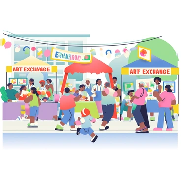 A vibrant neighborhood block party is taking place on a sunny day. Various colorful tents are set up along the street, each showcasing different types of art. In one area, children are painting on large canvases while their parents watch with smiles. Nearby, an older man is demonstrating pottery techniques, with several attendees gathered around him, eagerly taking notes. Artists are displaying their work on tables, including paintings, sculptures, and handmade crafts. People are engaged in conversations, exchanging ideas and sharing the stories behind their creations. Banners decorated with art supplies and "Art Exchange" in bold letters hang between the tents, creating a festive atmosphere. Children are running around, holding colorful balloons, while a small stage features local musicians playing lively tunes. The scene is filled with laughter, creativity, and community spirit.