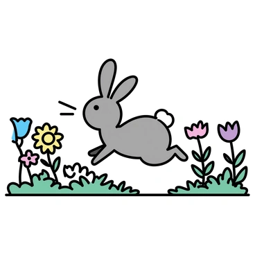 A small bunny with soft, gray fur and long ears is hopping through a vibrant flower garden. The garden is filled with an array of flowers in various colors, including red, yellow, blue, and purple blooms. The bunny is leaping over a patch of daisies, while nearby, tulips and sunflowers stand tall. Green foliage surrounds the flowers, providing a lush backdrop to the scene. Soft sunlight filters through the leaves, casting gentle shadows on the ground.