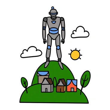 A futuristic robotic guardian with a sleek metallic body and glowing blue accents stands tall, overlooking a small settlement. The guardian has a humanoid form, featuring a helmeted head and articulated limbs, showcasing advanced technology. The settlement below consists of several small, low-rise buildings made of eco-friendly materials, surrounded by greenery and a few trees. The sky above is clear with a few fluffy clouds, and the sun is setting, casting a warm golden light across the scene. The robotic guardian is positioned on a small hill, vigilantly watching over the peaceful settlement, its posture suggesting readiness and protection.