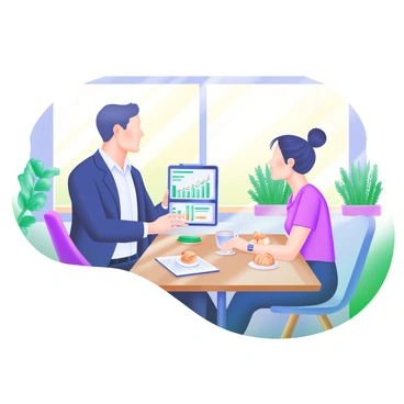A financial advisor is sitting at a wooden table in a bright cafe, engaged in conversation with a small business owner. The financial advisor is wearing a smart suit and holding a tablet displaying various graphs and charts. The small business owner, dressed casually, listens intently while taking notes on a notepad. Sunlight streams in through large windows, illuminating green plants placed on the windowsill. A coffee cup sits on the table alongside a plate of pastries, adding a warm touch to the scene.